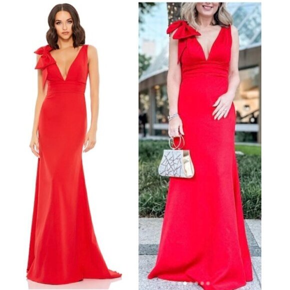 MAC DUGGAL Bow Shoulder V-Neck Gown in Red Size US 10 NWT - Picture 1 of 11